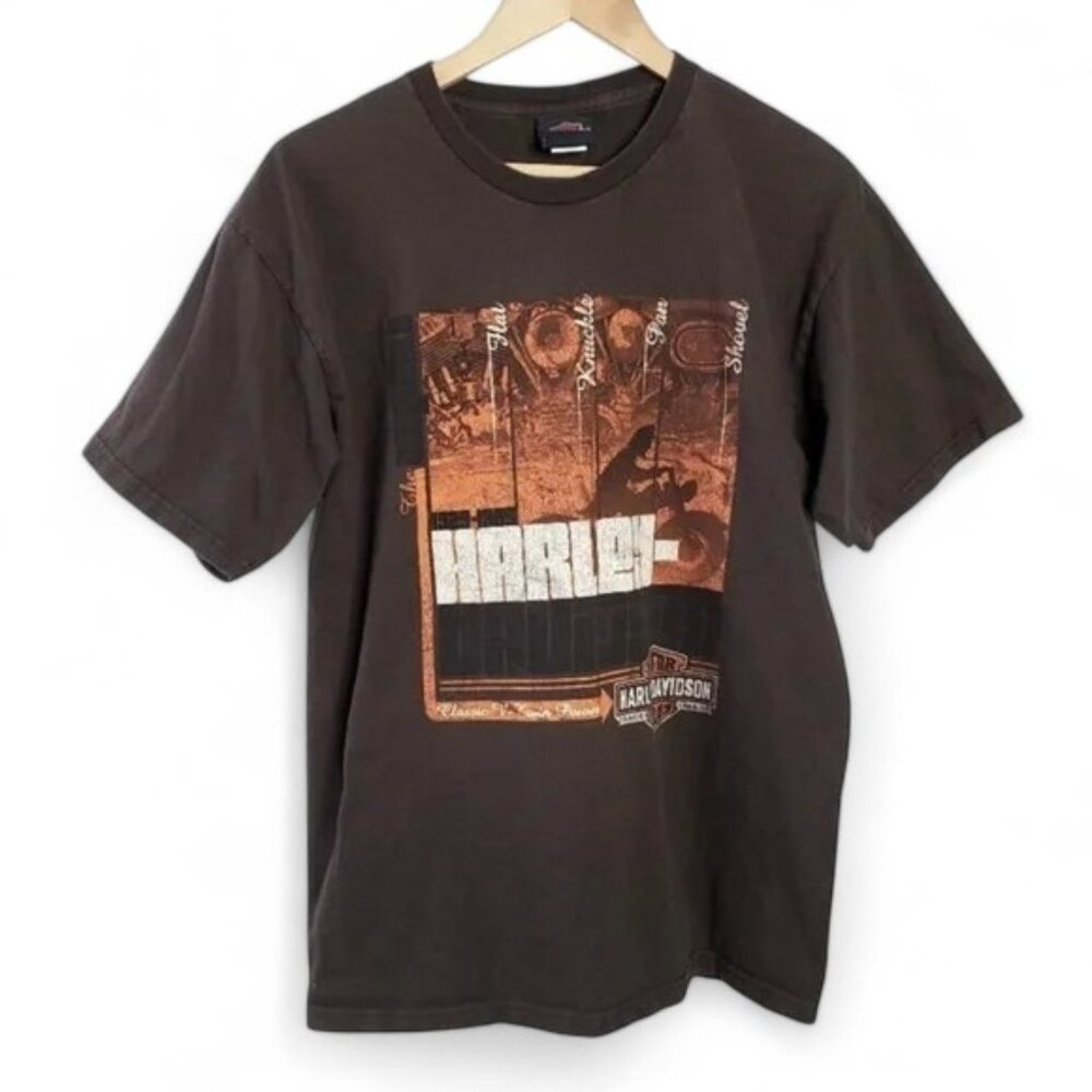 Harley Davidson Motorcycle Distressed‎ Graphic Biker Shirt Men's Orange Logo L